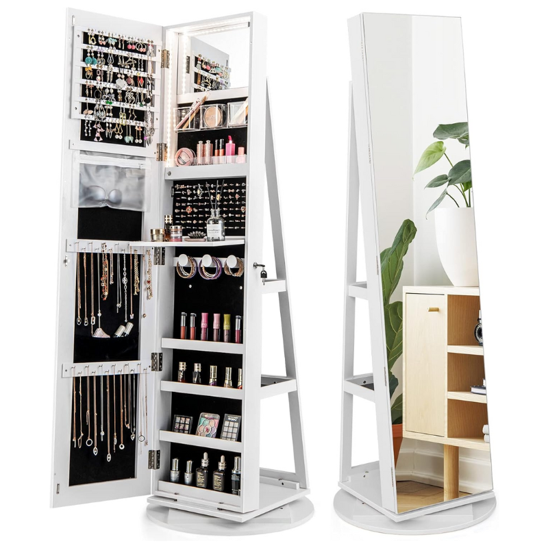 360° Swivel Jewelry Cabinet with Full-Length Mirror & LED Lighting