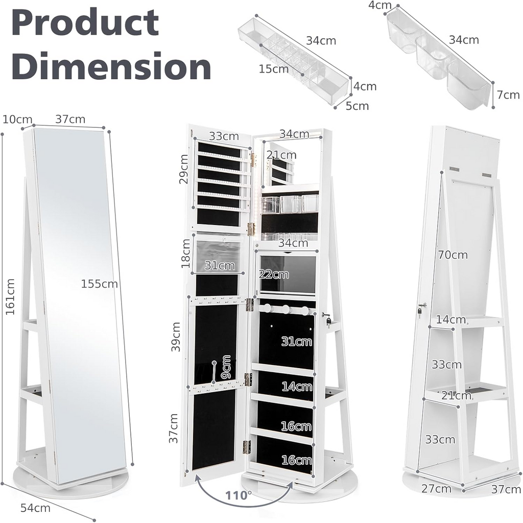 360° Swivel Jewelry Cabinet with Full-Length Mirror & LED Lighting