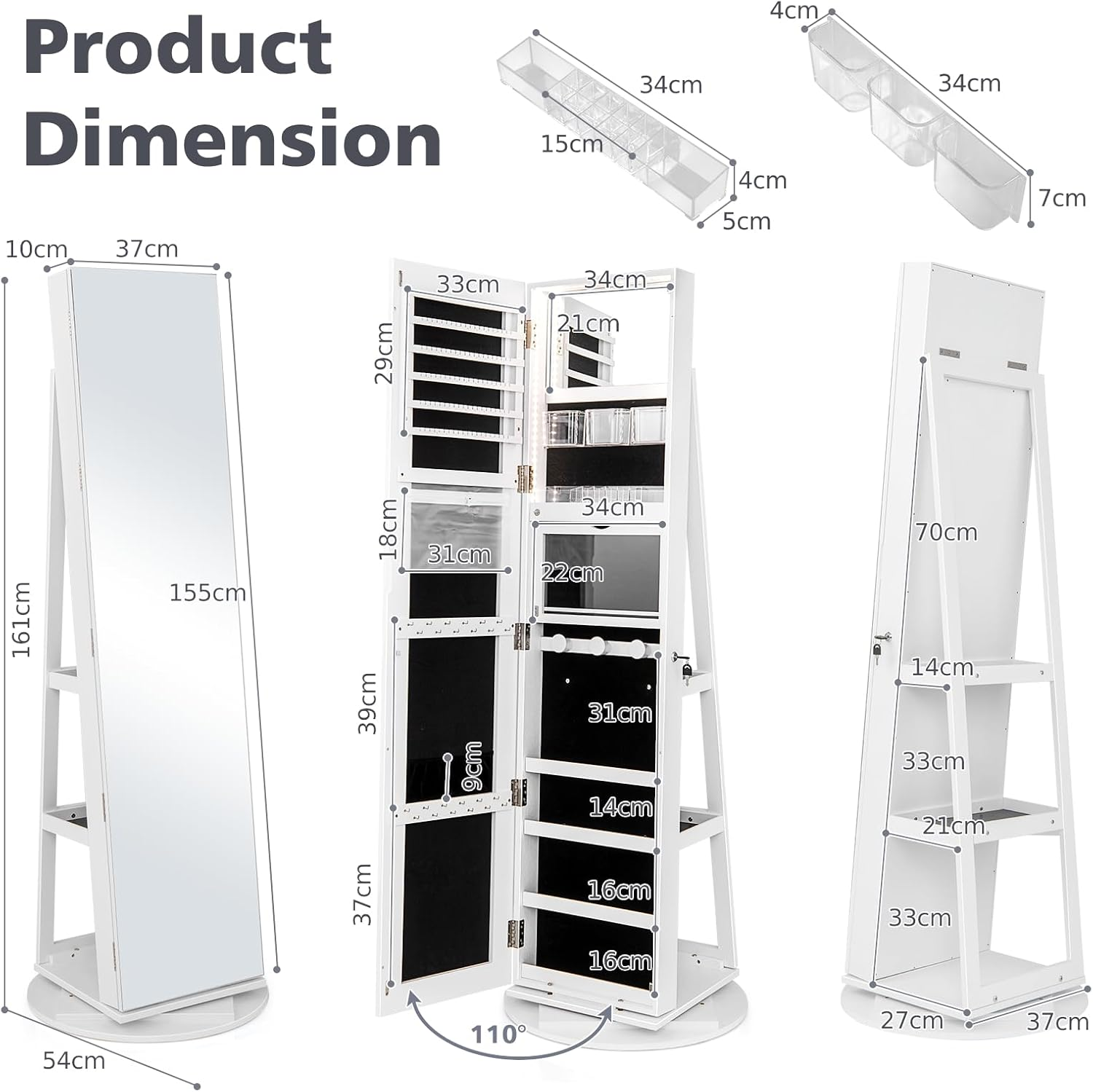 360° Swivel Jewelry Cabinet with Full-Length Mirror & LED Lighting