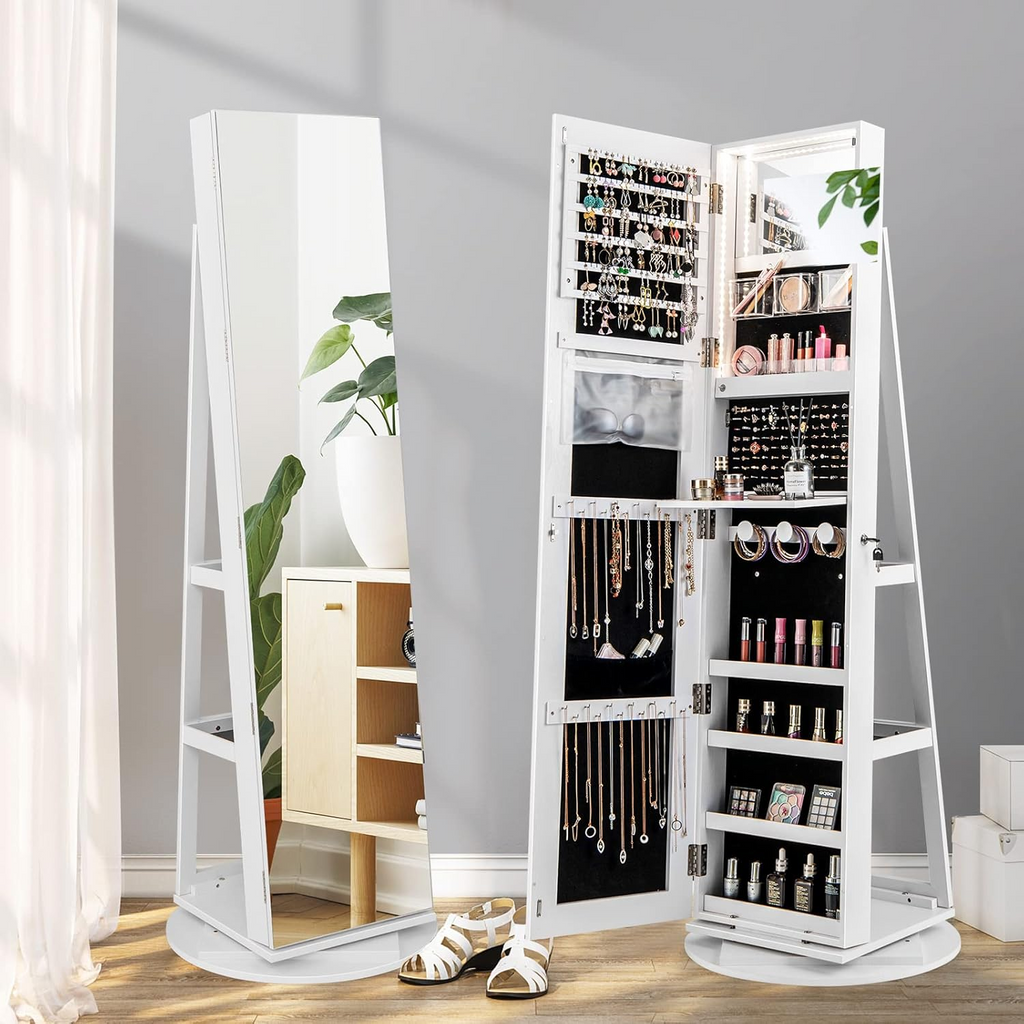 360° Swivel Jewelry Cabinet with Full-Length Mirror & LED Lighting
