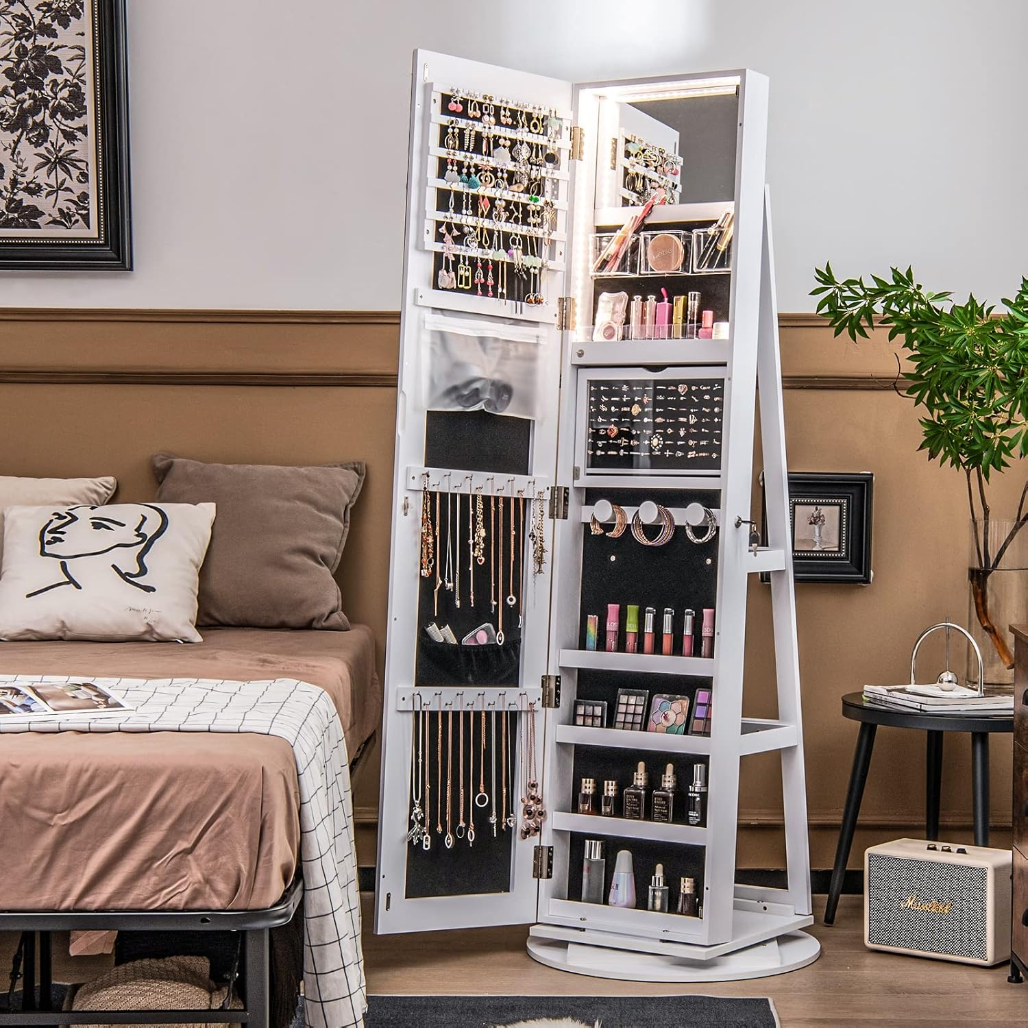 360° Swivel Jewelry Cabinet with Full-Length Mirror & LED Lighting